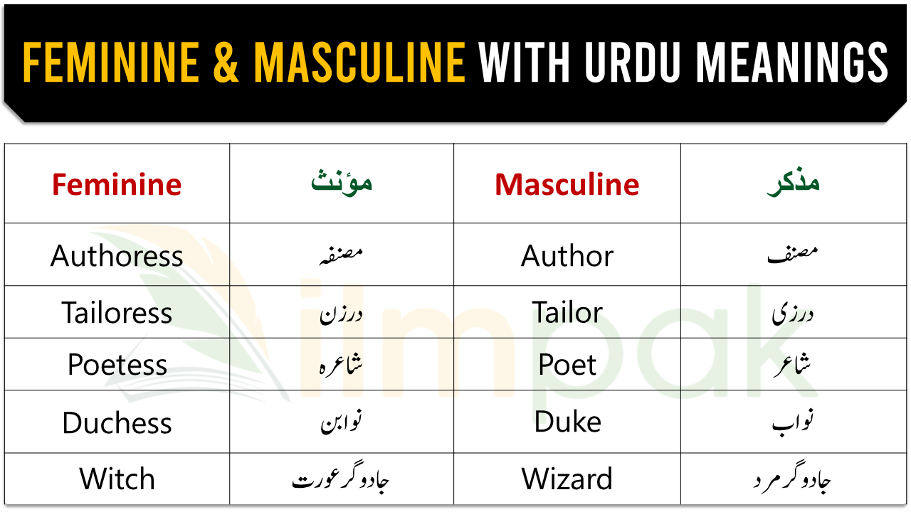 Feminine & Masculine Words in English With Urdu Meanings PDF