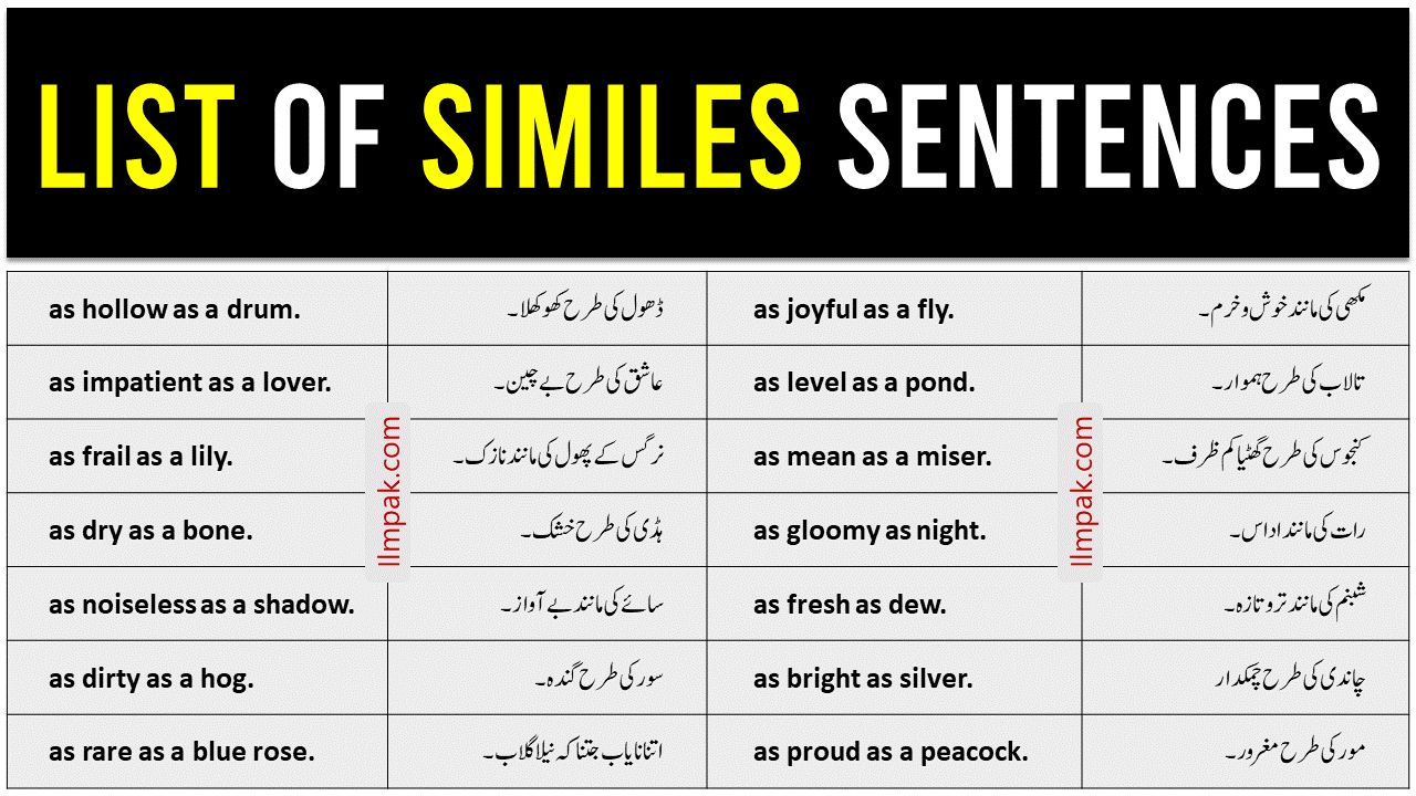 List of Similes Sentences in English With Urdu Translation | PDF