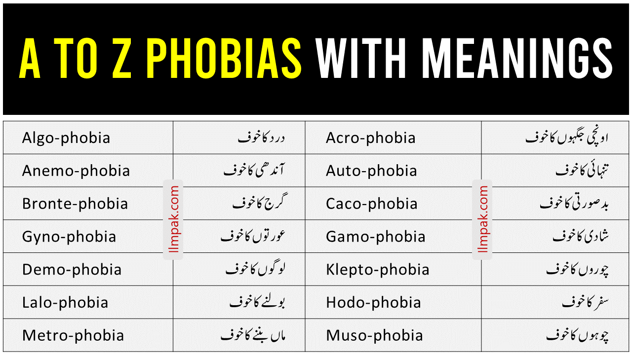 A to Z List of Phobias in English With Urdu Meanings | PDF