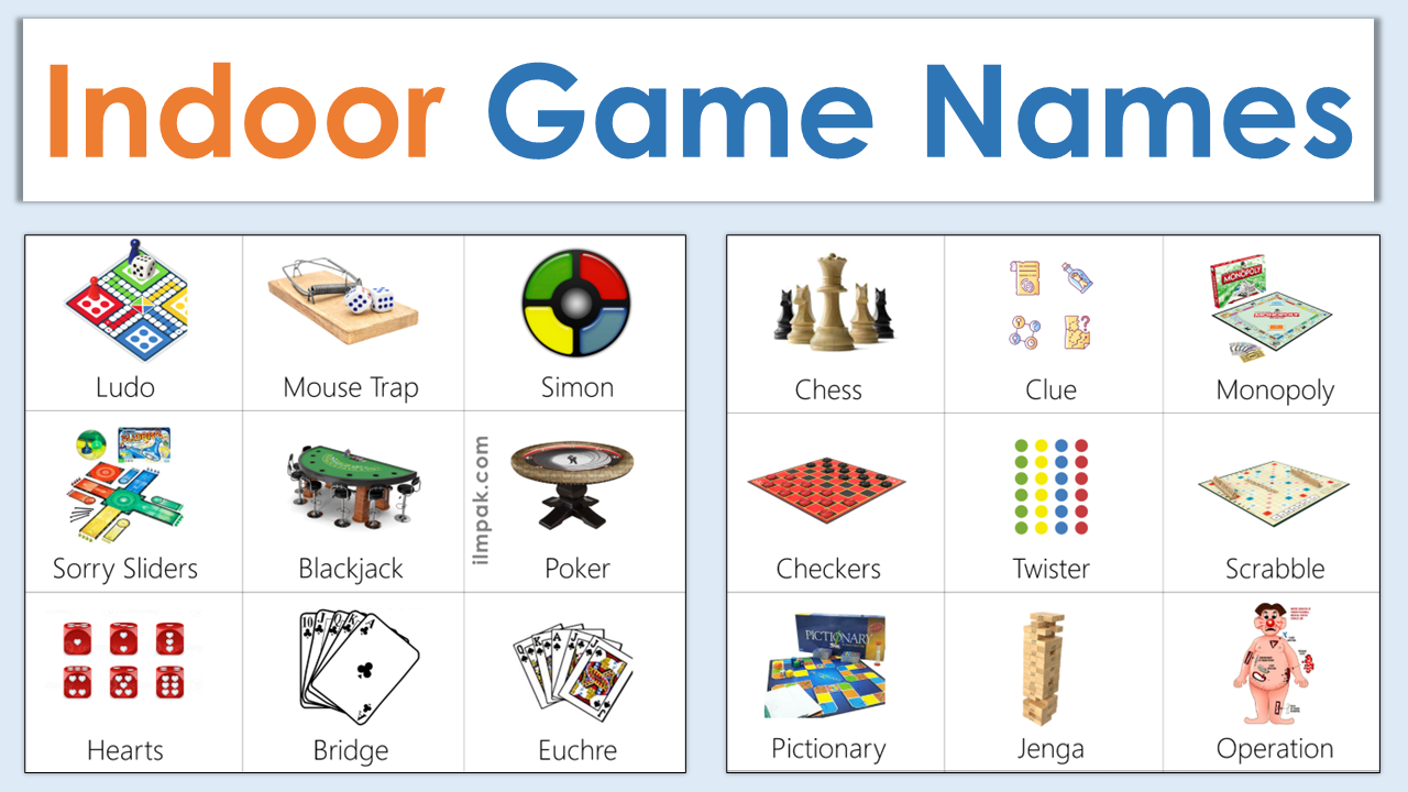 All Types of Indoor Games in English with Images | Picture Vocabulary